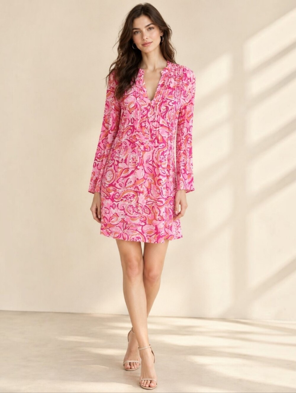 Lilly Pulitzer Pink Sarasota Pintuck Tunic Dress Size XS Floral Resort Dopamine